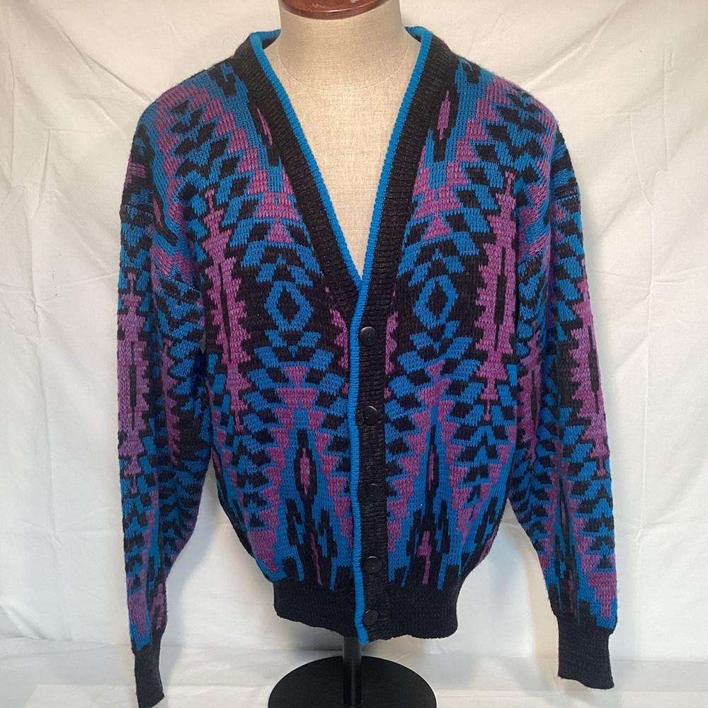 McGregor Vintage Blue and Purple Aztec Southwestern Cardigan Sweater Mens Medium